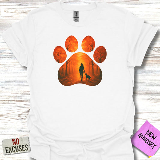 Sunset Paw Print with Woman and Dog T-Shirt product