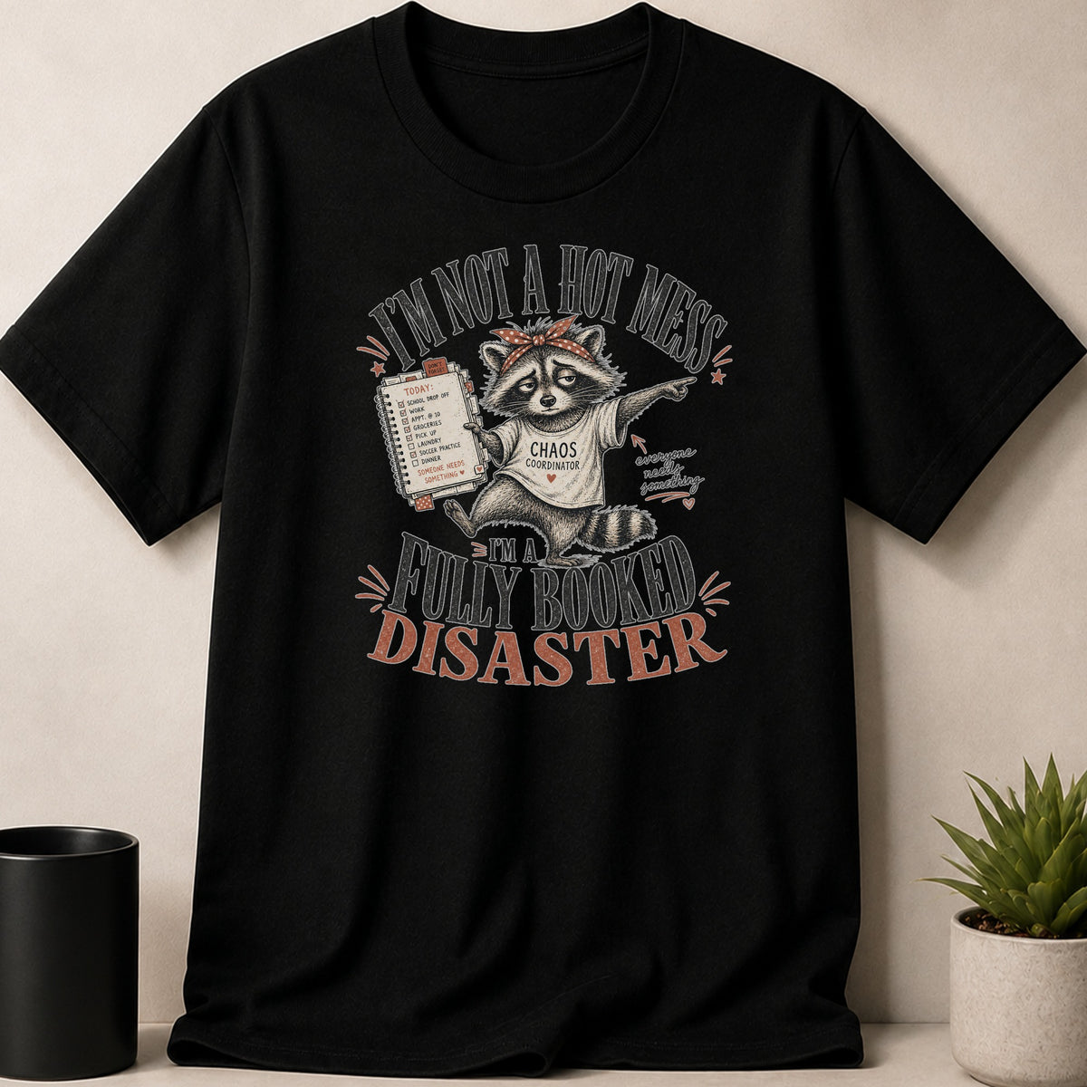 Black t-shirt with raccoon wearing "CHAOS COORDINATOR" shirt and saying "I'm not a hot mess, I'm a fully booked disaster."