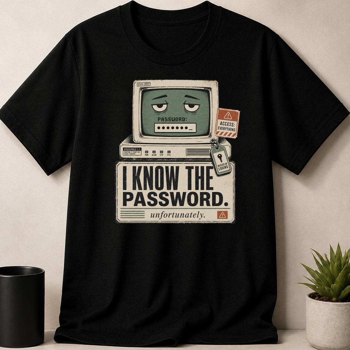 Black t-shirt — T-shirt with a retro computer graphic saying "I Know the Password. Unfortunately."