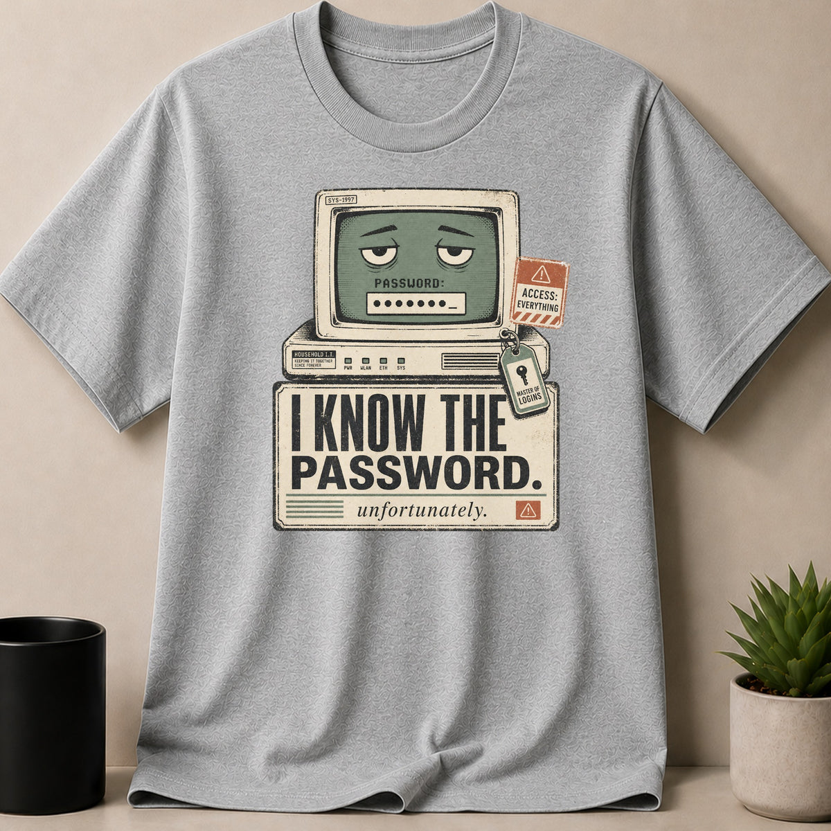 Sport Grey t-shirt — T-shirt graphic with retro computer that knows "I KNOW THE PASSWORD. unfortunately."