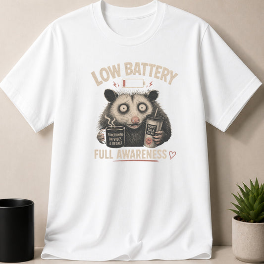 White t-shirt — Opossum with coffee holding mug and cup reading "Low Battery Full Awareness".