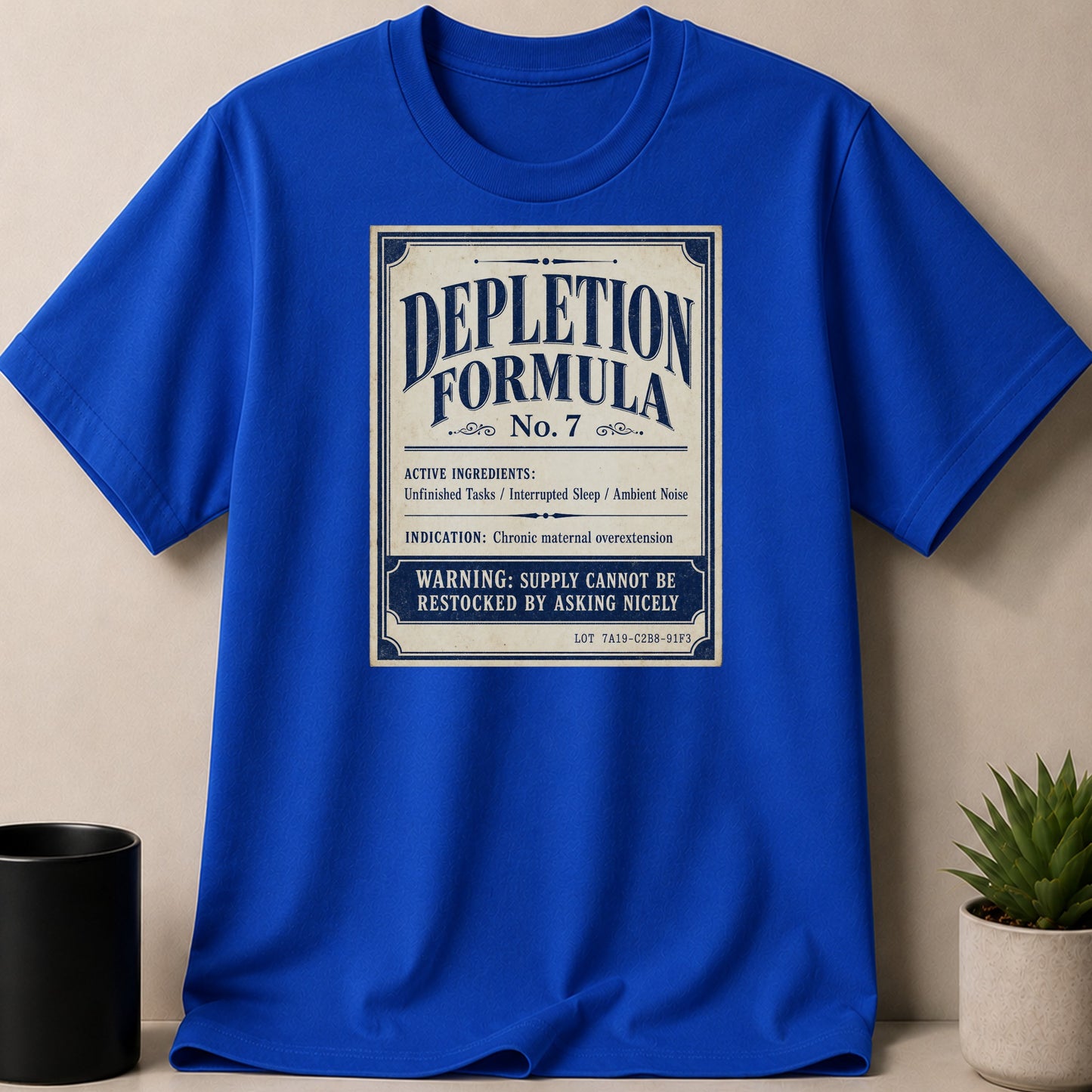 Blue t-shirt with "Depletion Formula No. 7" label.