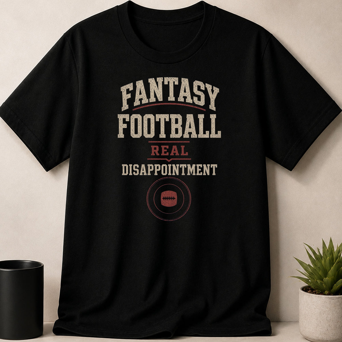 Black t-shirt with "FANTASY FOOTBALL REAL DISAPPOINTMENT" text and football graphic.