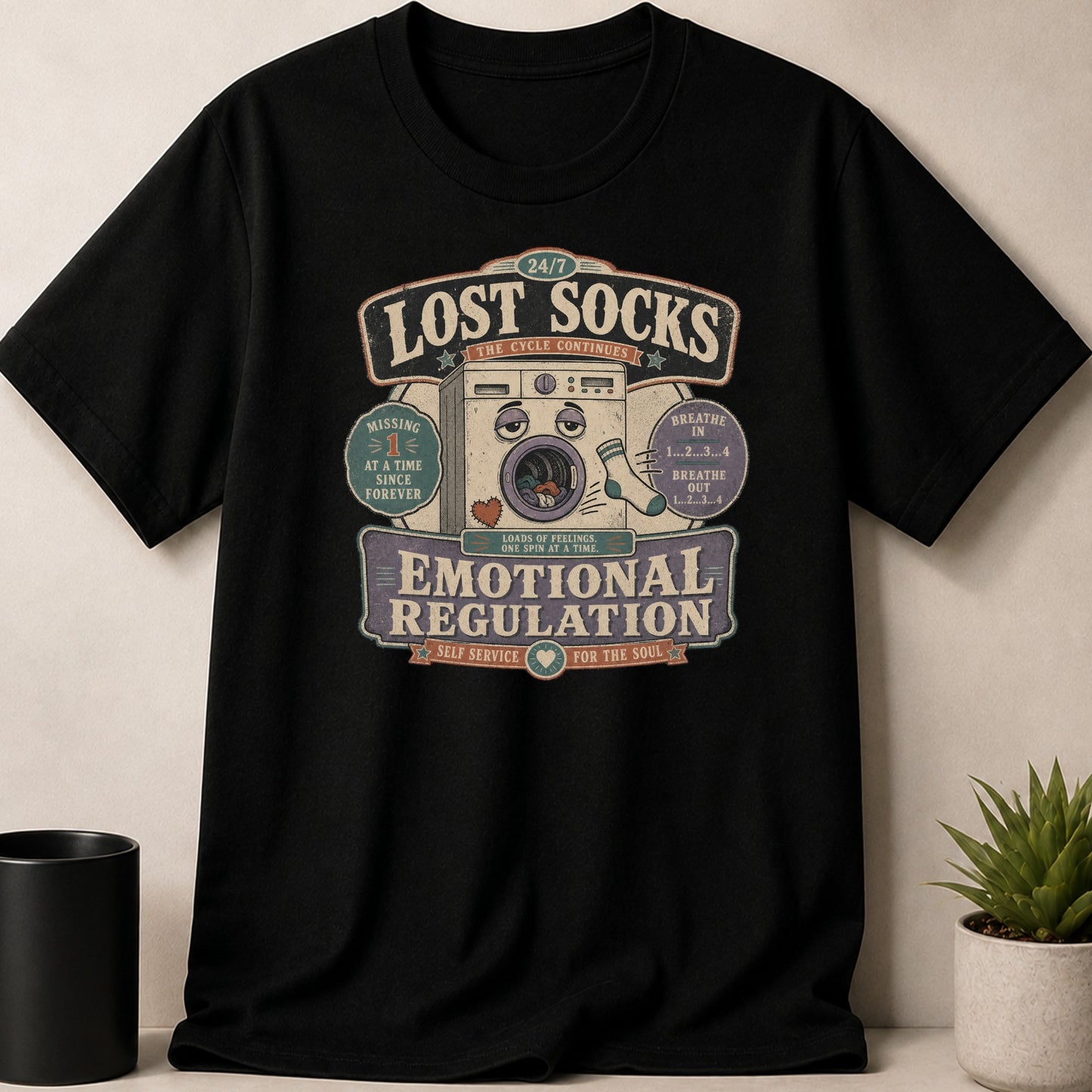 Black t-shirt with "Lost Socks" graphic about emotional regulation and laundry.