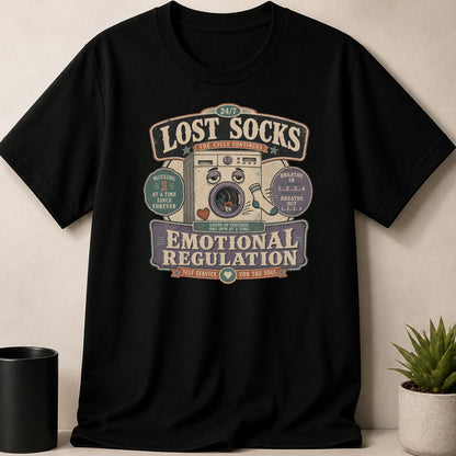 Black t-shirt with "Lost Socks" graphic about emotional regulation and laundry.