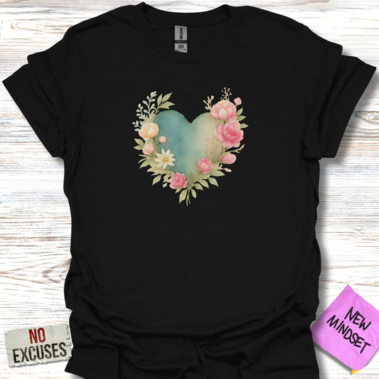 Heart Shaped Floral Design on Black T-Shirt product type