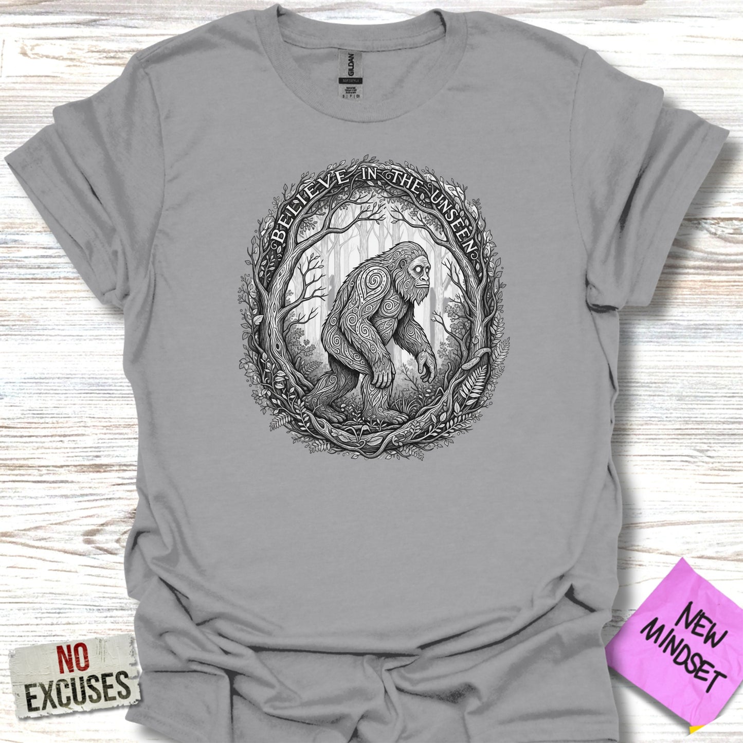 Believe In The Unseen Bigfoot Graphic Grey Shirt product