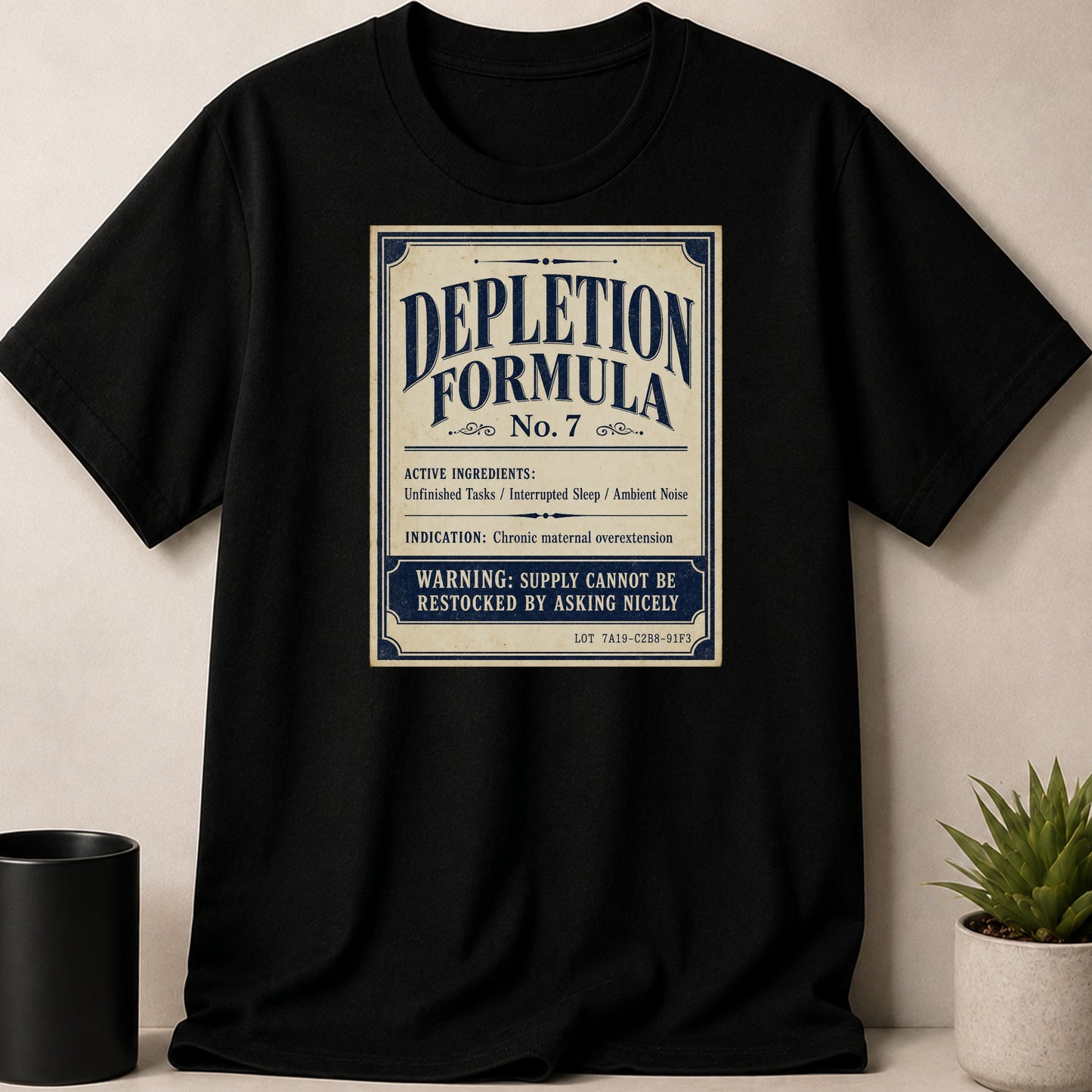 Black t-shirt with "Depletion Formula No. 7" vintage label design.