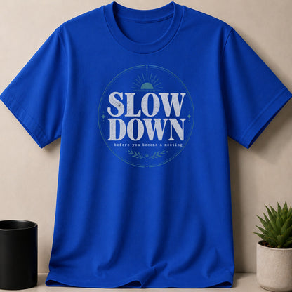 Royal blue t-shirt with "Slow Down Before You Become A Meeting" text graphic.