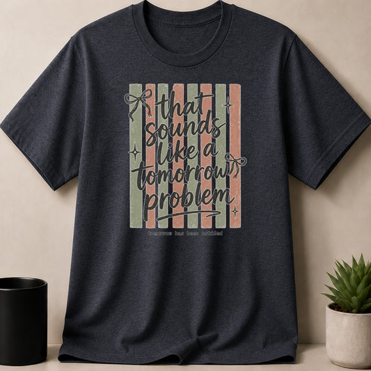 Dark gray t-shirt with graphic text "that sounds like a tomorrow problem" and a small note.