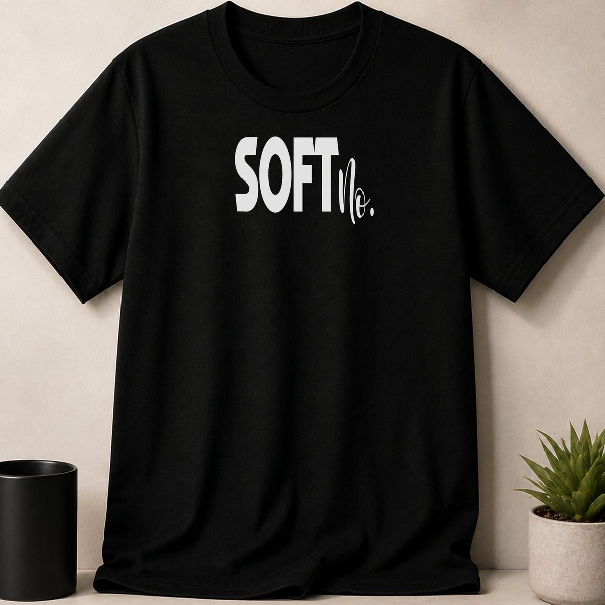 Black t-shirt with "SOFT" and "No." text in white.