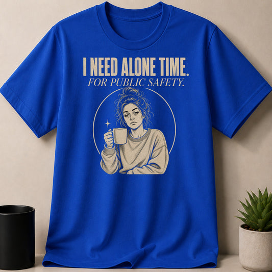 Royal blue t-shirt with the text "I NEED ALONE TIME. FOR PUBLIC SAFETY."