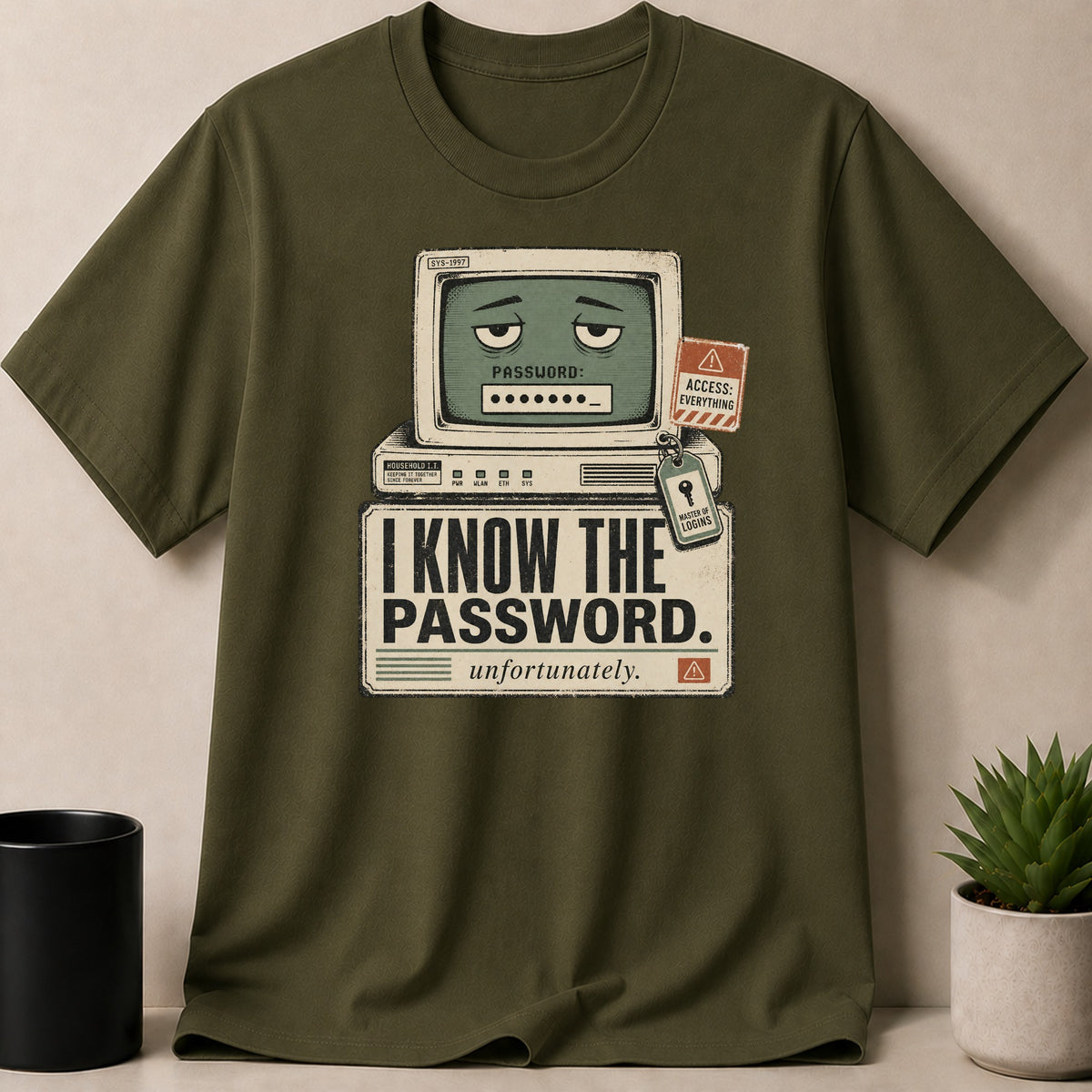 Green t-shirt with a distressed graphic of a computer saying "I know the password. unfortunately."