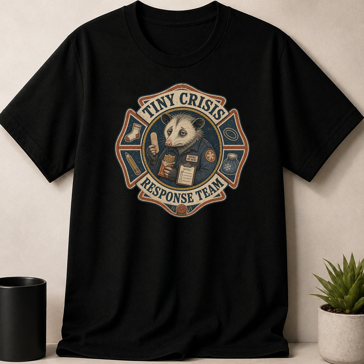 Black t-shirt with 
"Tiny Crisis Response Team"
design featuring an opossum.
