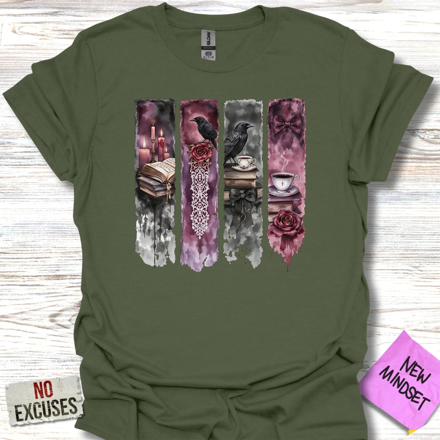 Gothic Crow Roses and Books Dark Art T-Shirt product