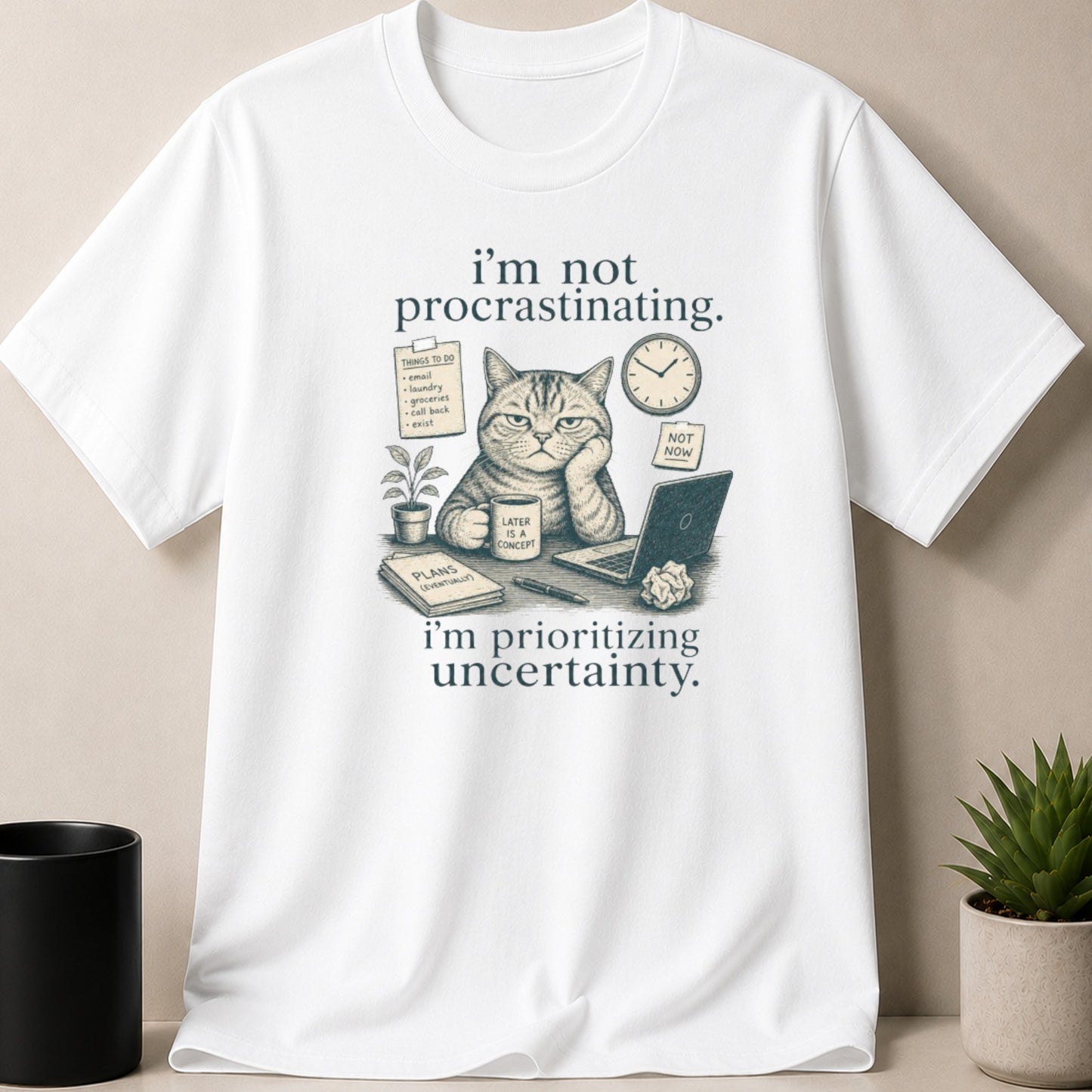 White t-shirt with a cat at a desk, holding coffee, with text "i'm not procrastinating."