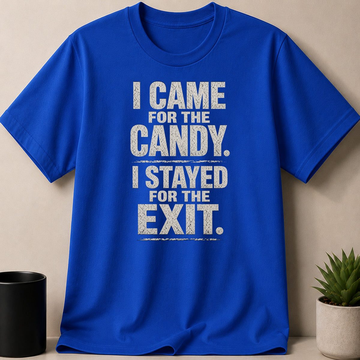 Blue t-shirt with "I Came For The Candy. I Stayed For The Exit." text.