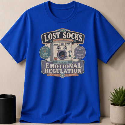 Blue t-shirt with "Lost Socks" graphic about emotional regulation and laundry.