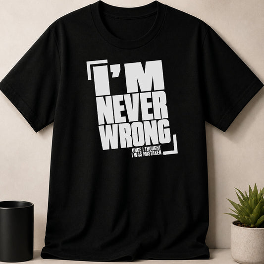Black t-shirt with white text "I'm never wrong, once I thought I was mistaken."