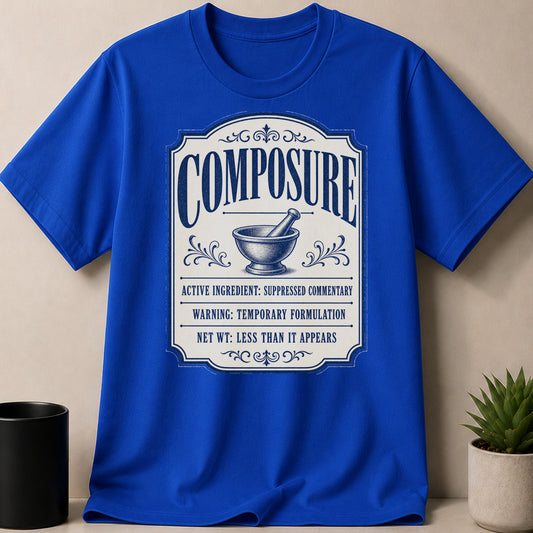 Royal blue t-shirt with "Composure" label design featuring mortar and pestle.
