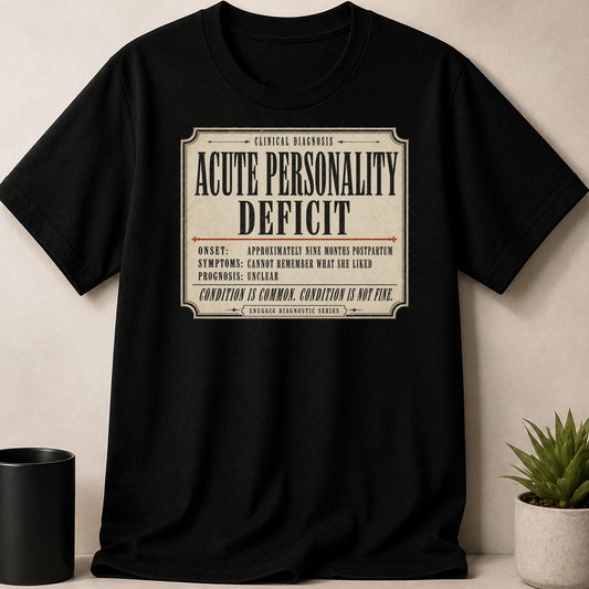 Black t-shirt with a distressed label reading "Acute Personality Deficit" and diagnostic details.