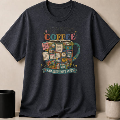 Dark t-shirt featuring a colorful mug overflowing with coffee, lists, and parenting tasks.
