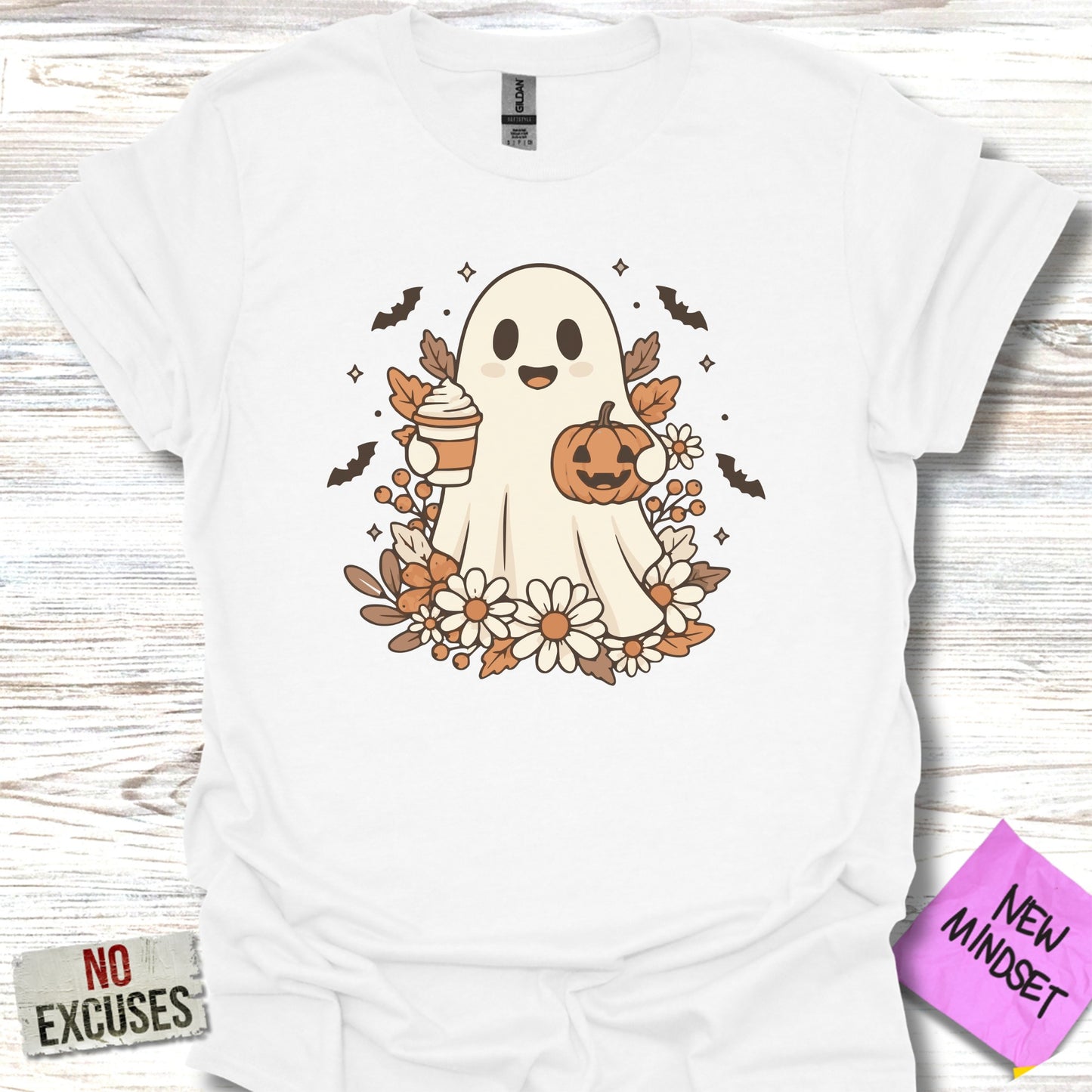 Cute Ghost Holding Pumpkin Autumn Design T-Shirt product