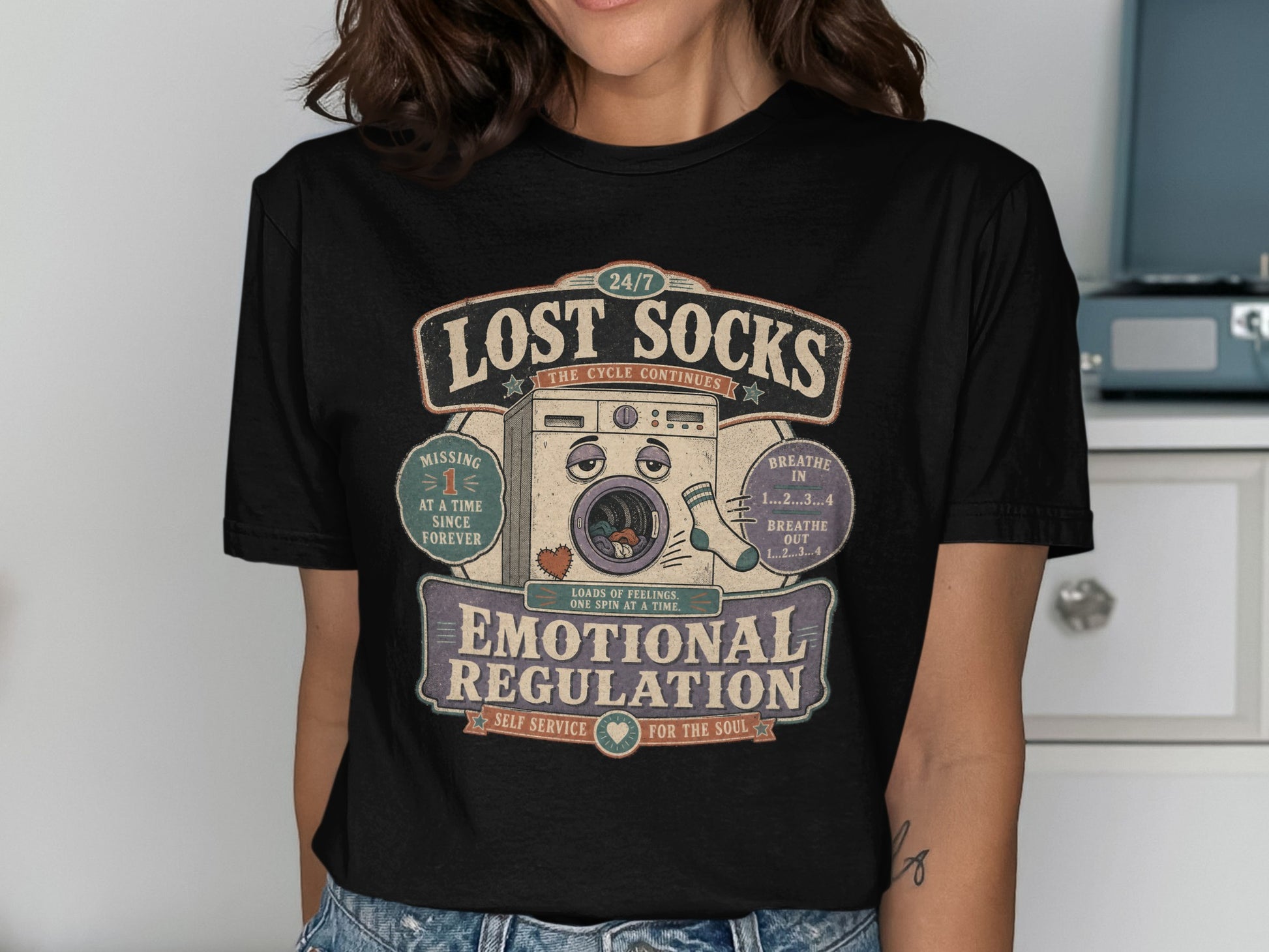 Lost Socks, Emotional Regulation, Self Service For The Soul laundry graphic t-shirt.