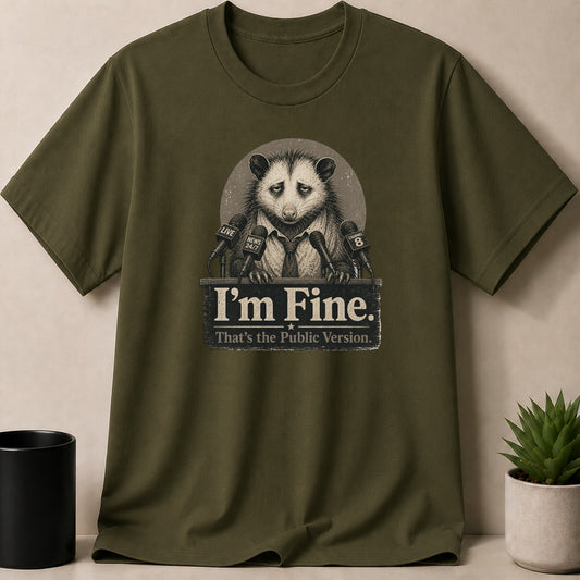 Military Green t-shirt — T-shirt with an opossum at a press conference with text "I'm Fine. That's the Public Version."