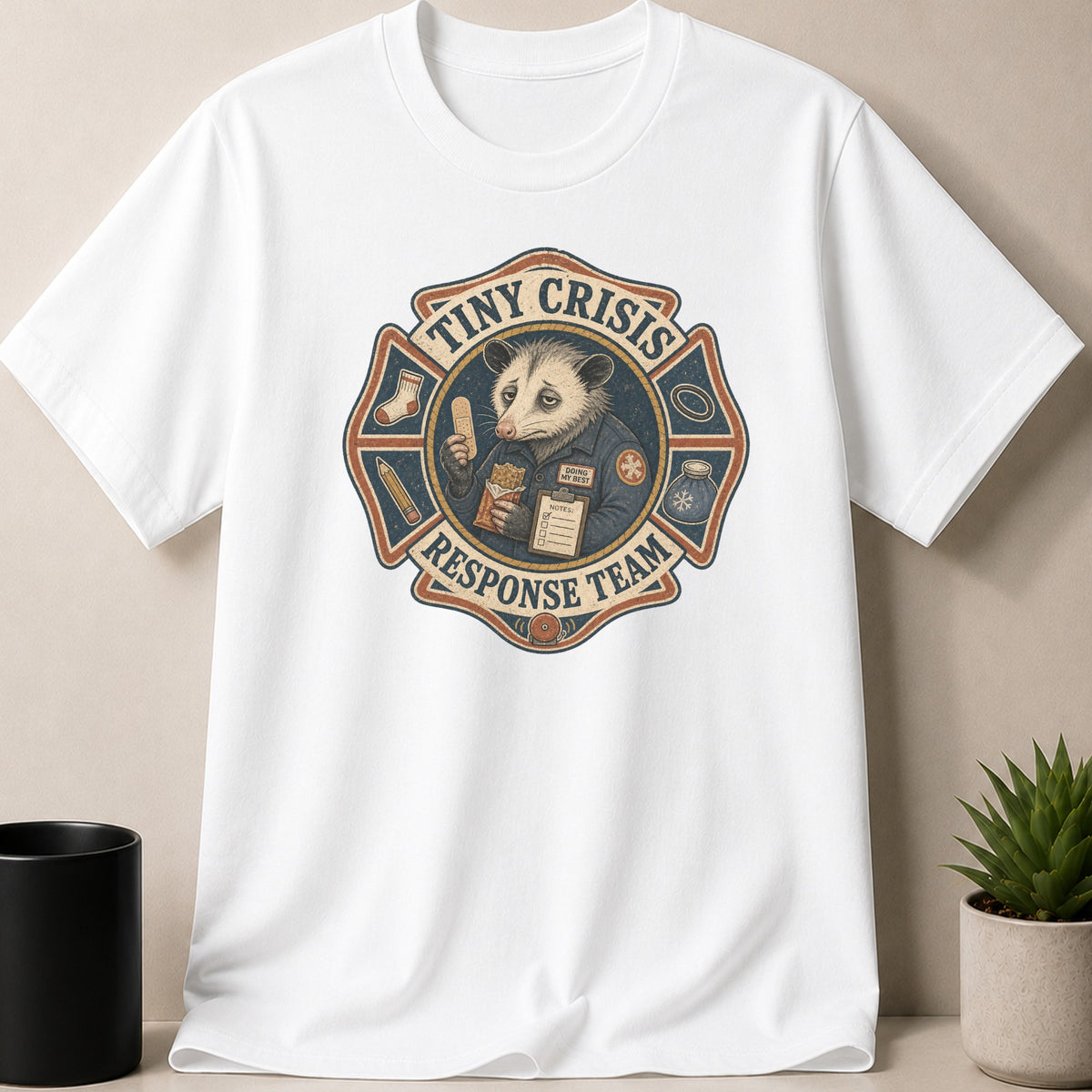White t-shirt with "Tiny Crisis Response Team" fire department-style logo featuring an opossum.