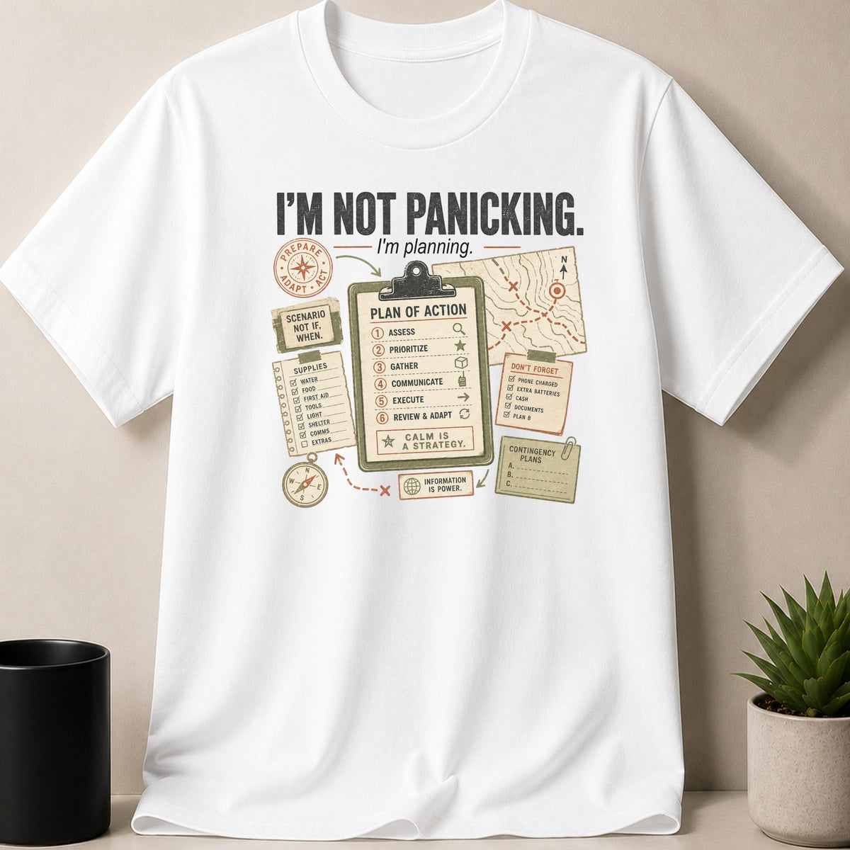 White t-shirt with bold text "I'M NOT PANICKING. I'm planning." and graphics.