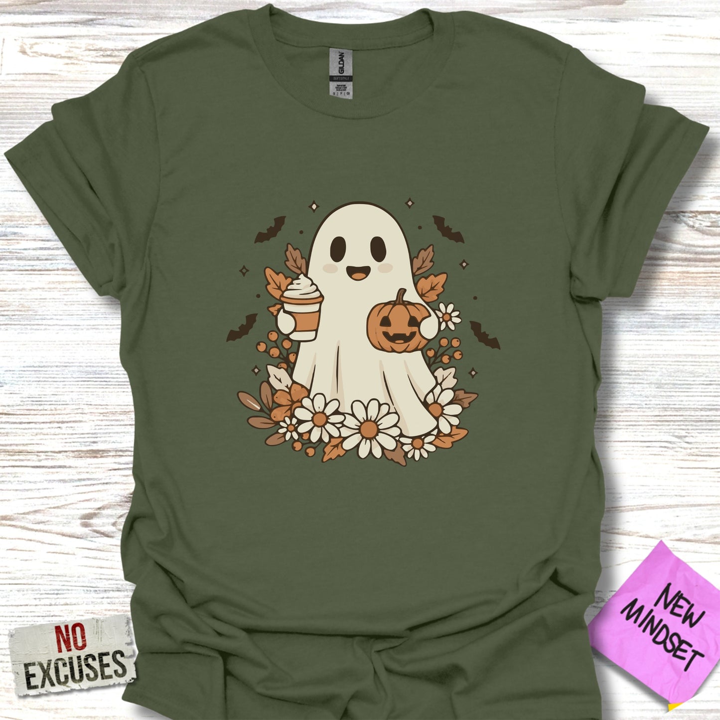 Cute Ghost with Pumpkin and Coffee T-shirt product
