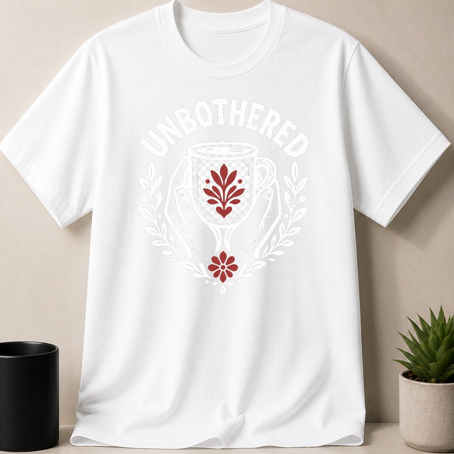 White t-shirt with "UNBOTHERED" text and graphic of hands holding a patterned cup.