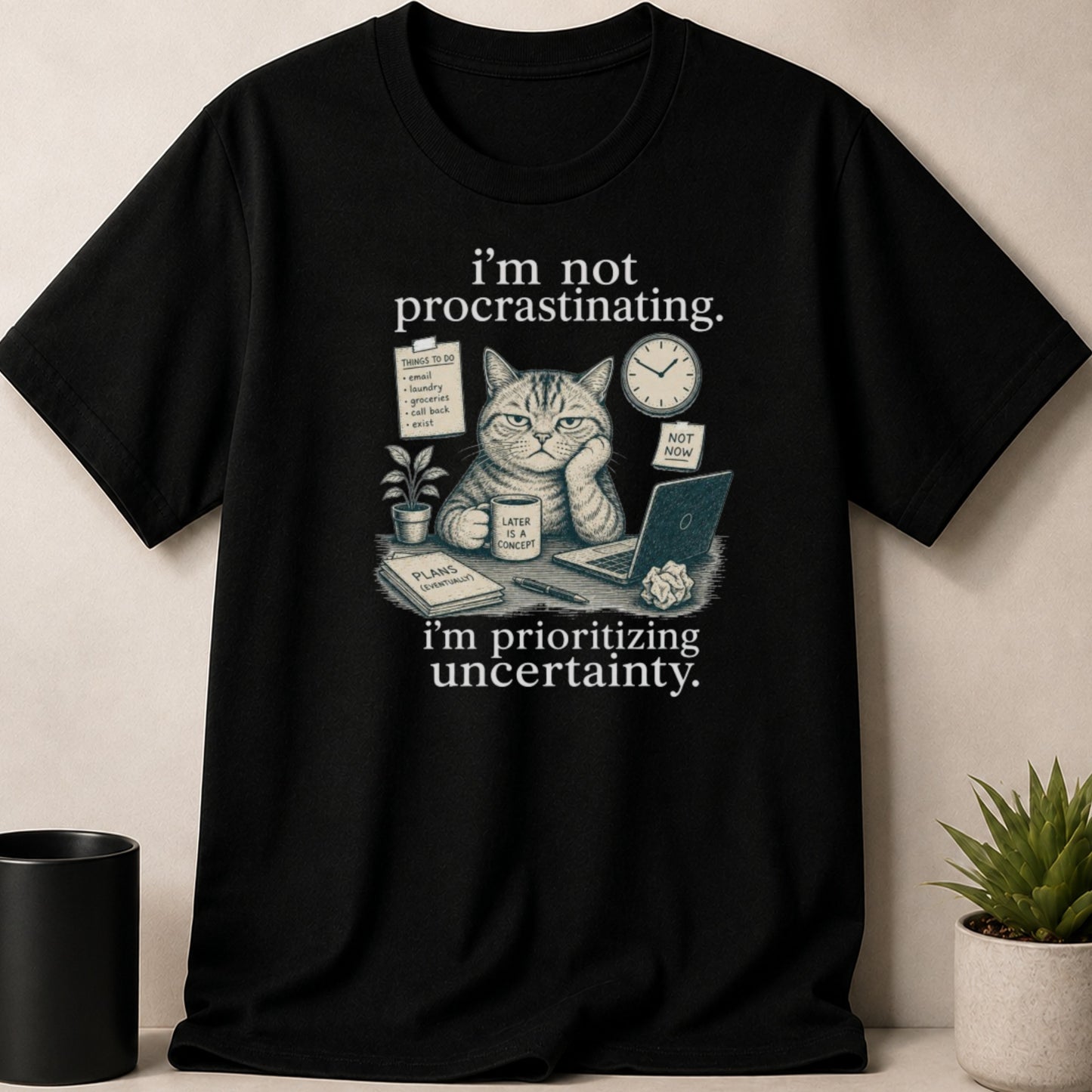 Black t-shirt with a cat at a desk, reading "I'm not procrastinating." and "I'm prioritizing uncertainty."