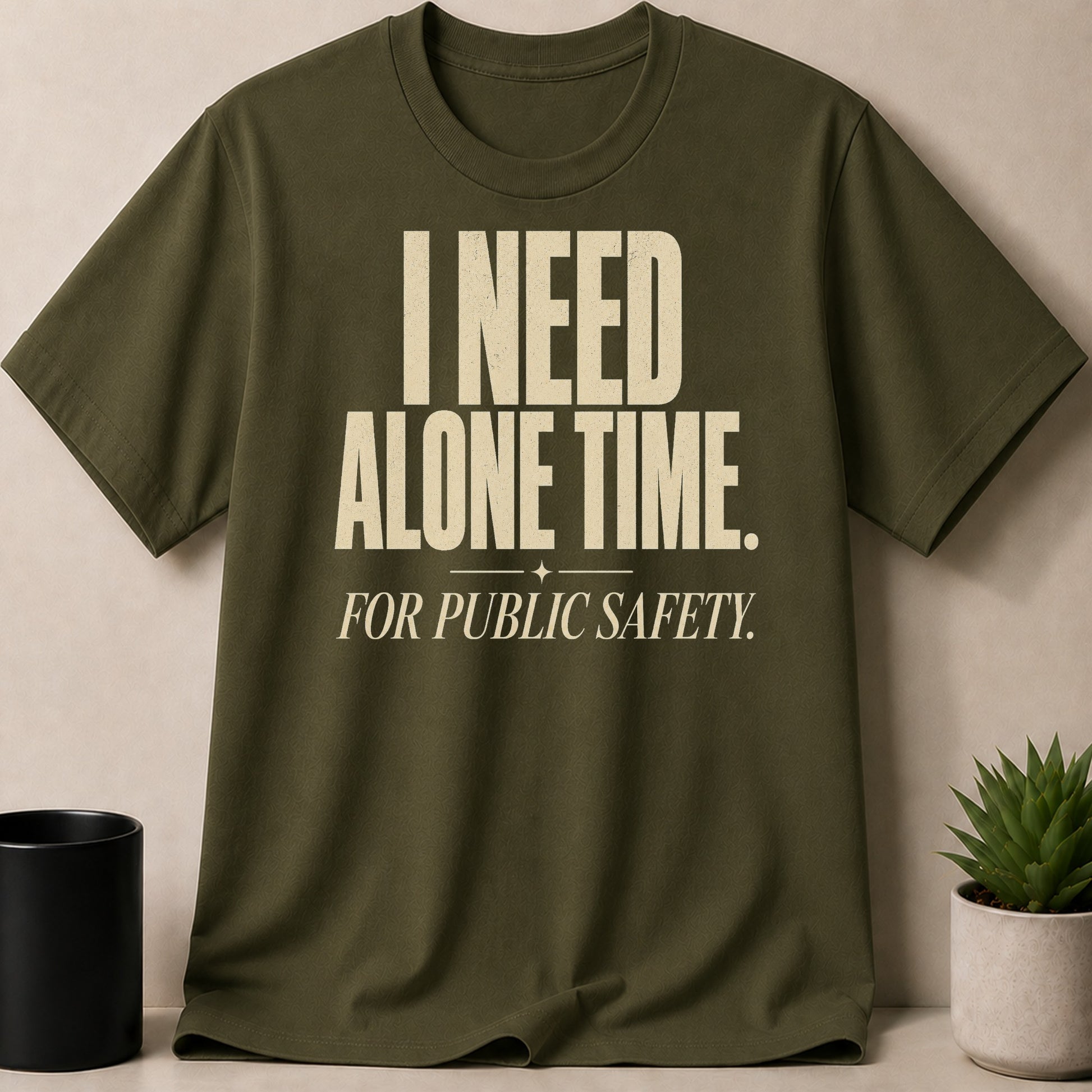 Green t-shirt with text "I NEED ALONE TIME. FOR PUBLIC SAFETY."