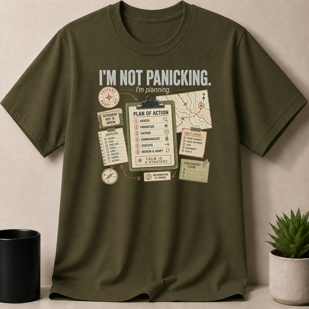 Olive green t-shirt with a graphic that reads "I'm Not Panicking. I'm Planning."