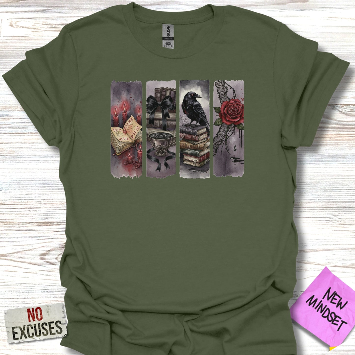 Mystical Ravens and Books themed graphic T-shirt product type