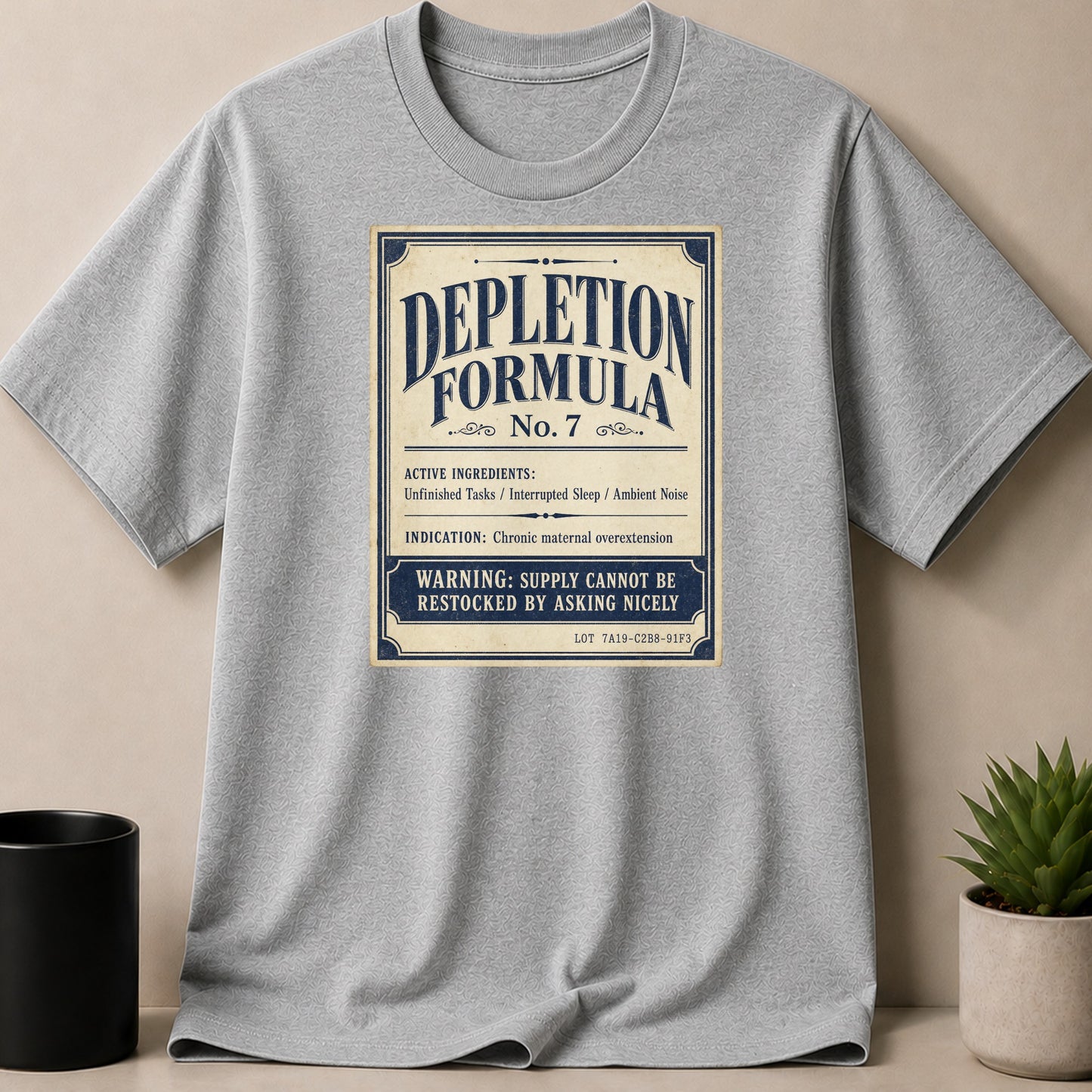 Grey t-shirt with "Depletion Formula No. 7" text and warning.