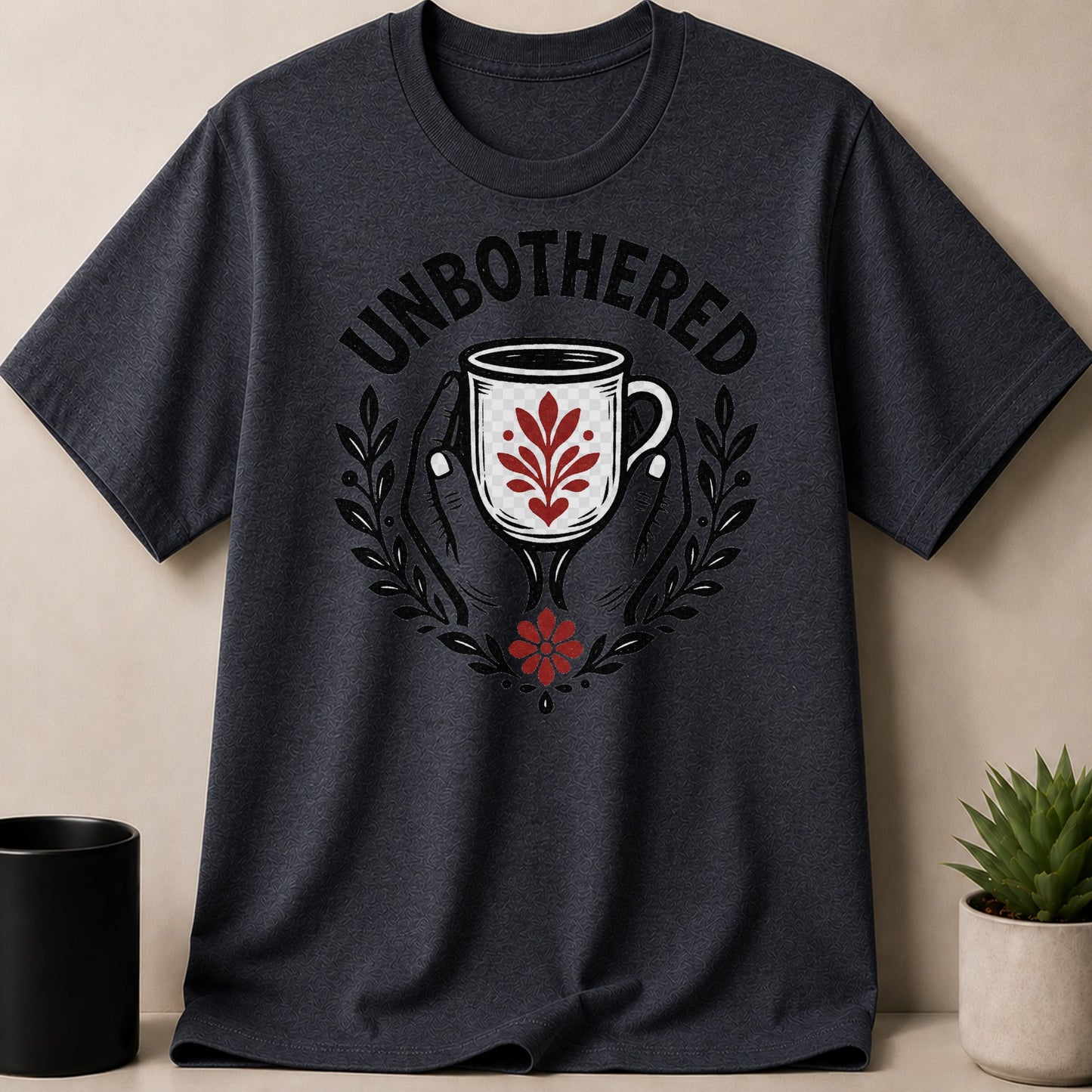Dark gray t-shirt with "Unbothered" text and a floral mug design.