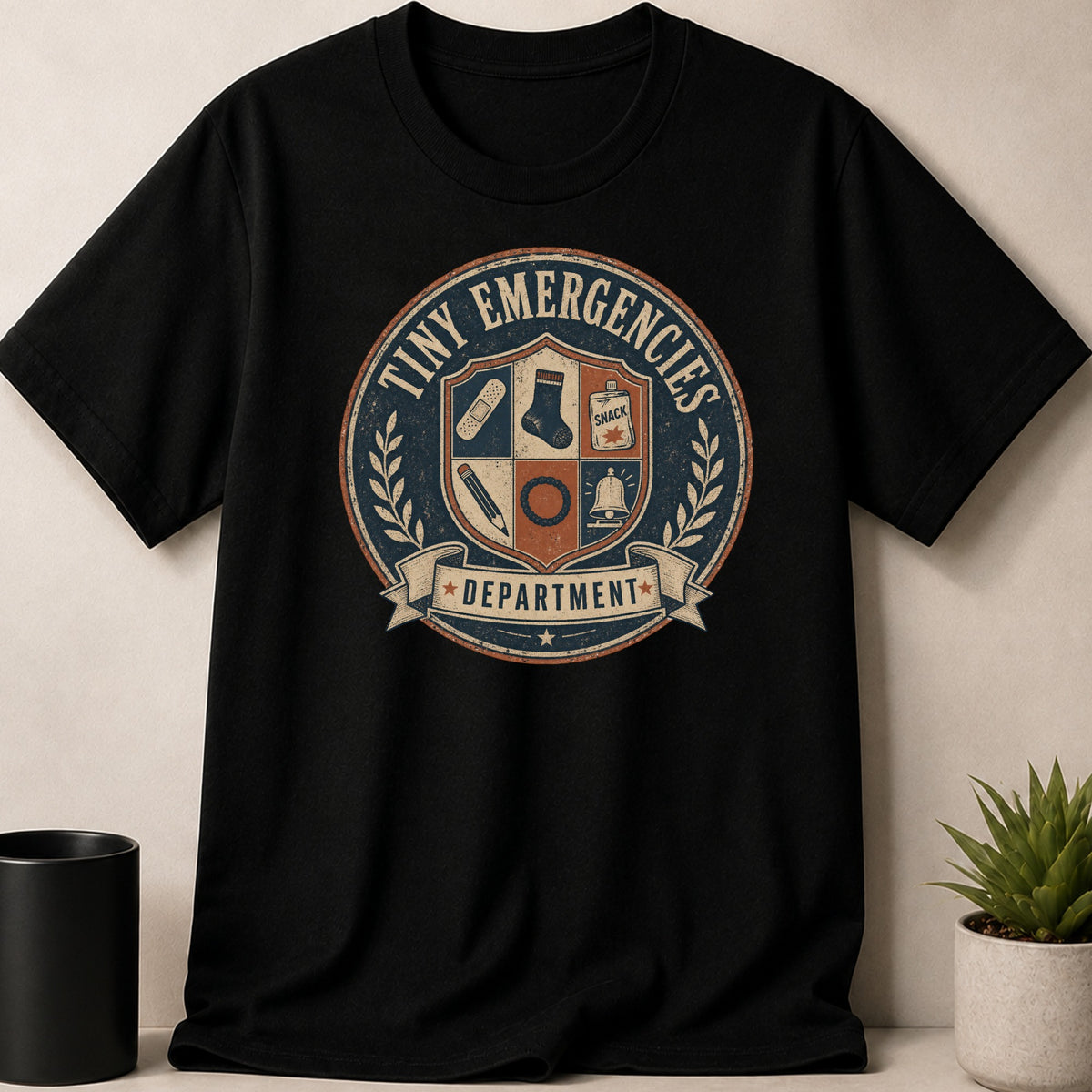Black t‑shirt with distressed "Tiny Emergencies Department" crest design.