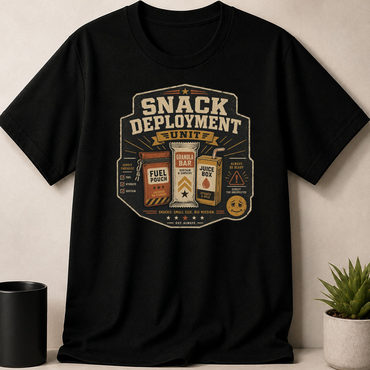 Black t-shirt with "Snack Deployment Unit" graphic, featuring snacks and a checklist.