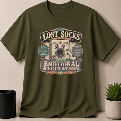 Green t-shirt with "Lost Socks Emotional Regulation" graphic featuring a washing machine.