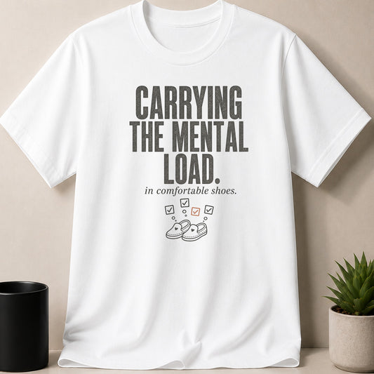 White t-shirt with text "Carrying the mental load. in comfortable shoes."