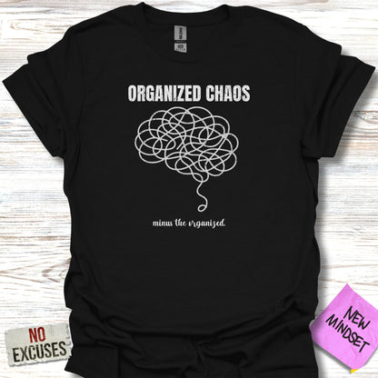 Black t-shirt with "ORGANIZED CHAOS" and a tangled brain graphic.