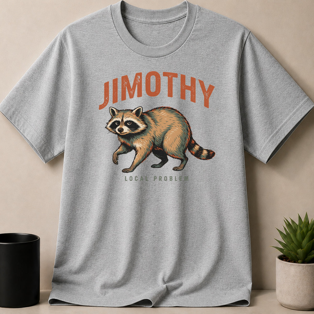 Grey t-shirt with "JIMOTHY LOCAL PROBLEM" and a raccoon graphic.