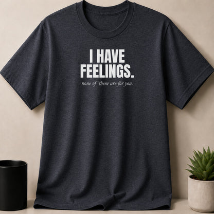 Dark grey t-shirt with white text "I HAVE FEELINGS. none of them are for you."