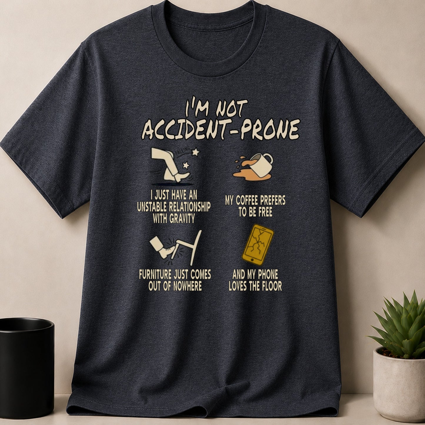 Dark t-shirt with "I'm not accident-prone" and four humorous illustrations.