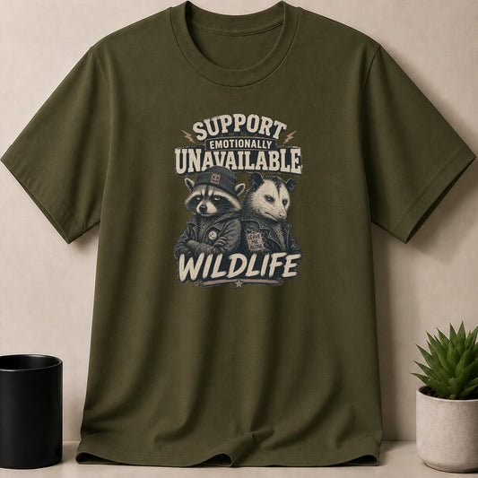 Military Green t-shirt — T-shirt with raccoon and possum graphic reading "Support Emotionally Unavailable Wildlife."