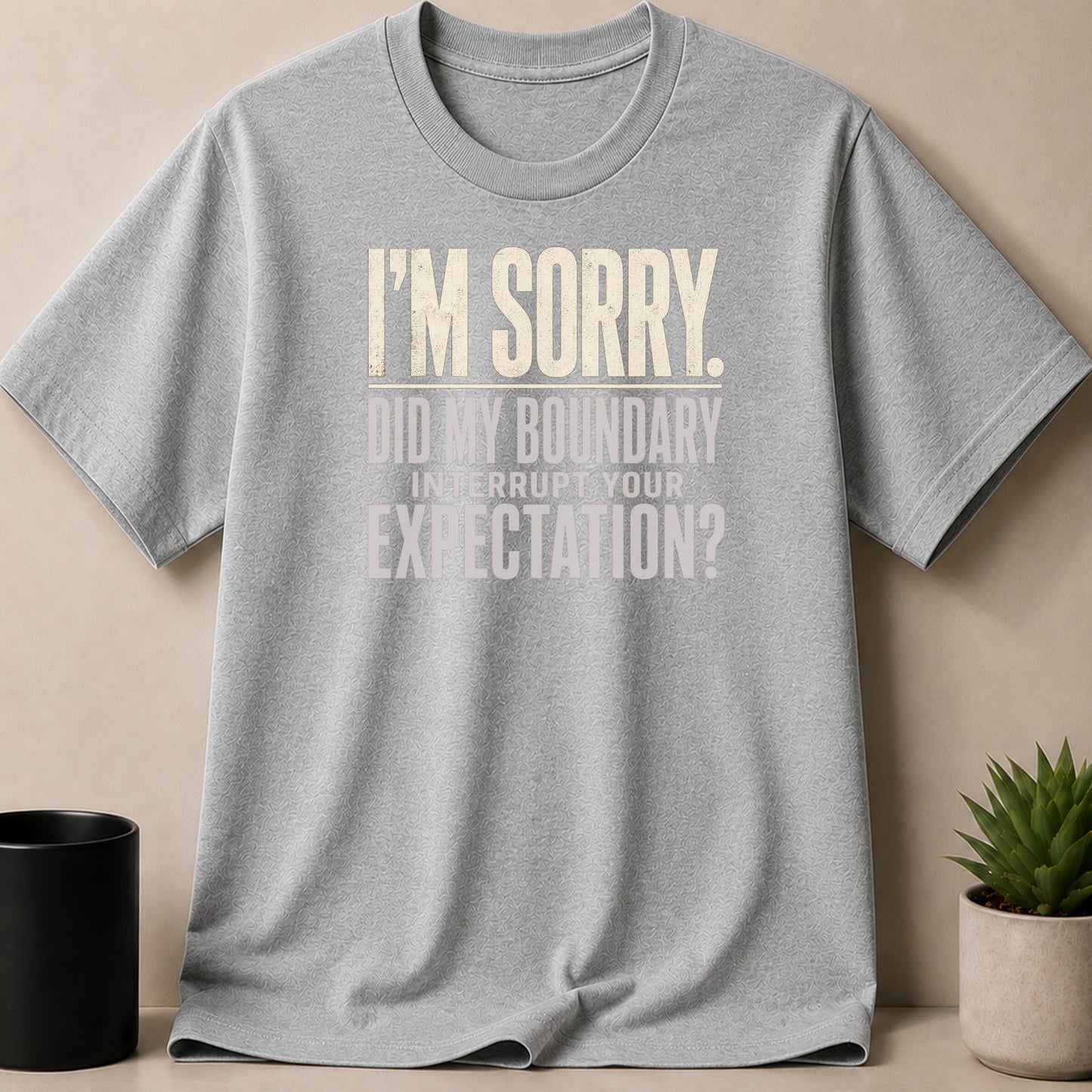 Grey t-shirt with text "I'M SORRY. DID MY BOUNDARY INTERRUPT YOUR EXPECTATION?"