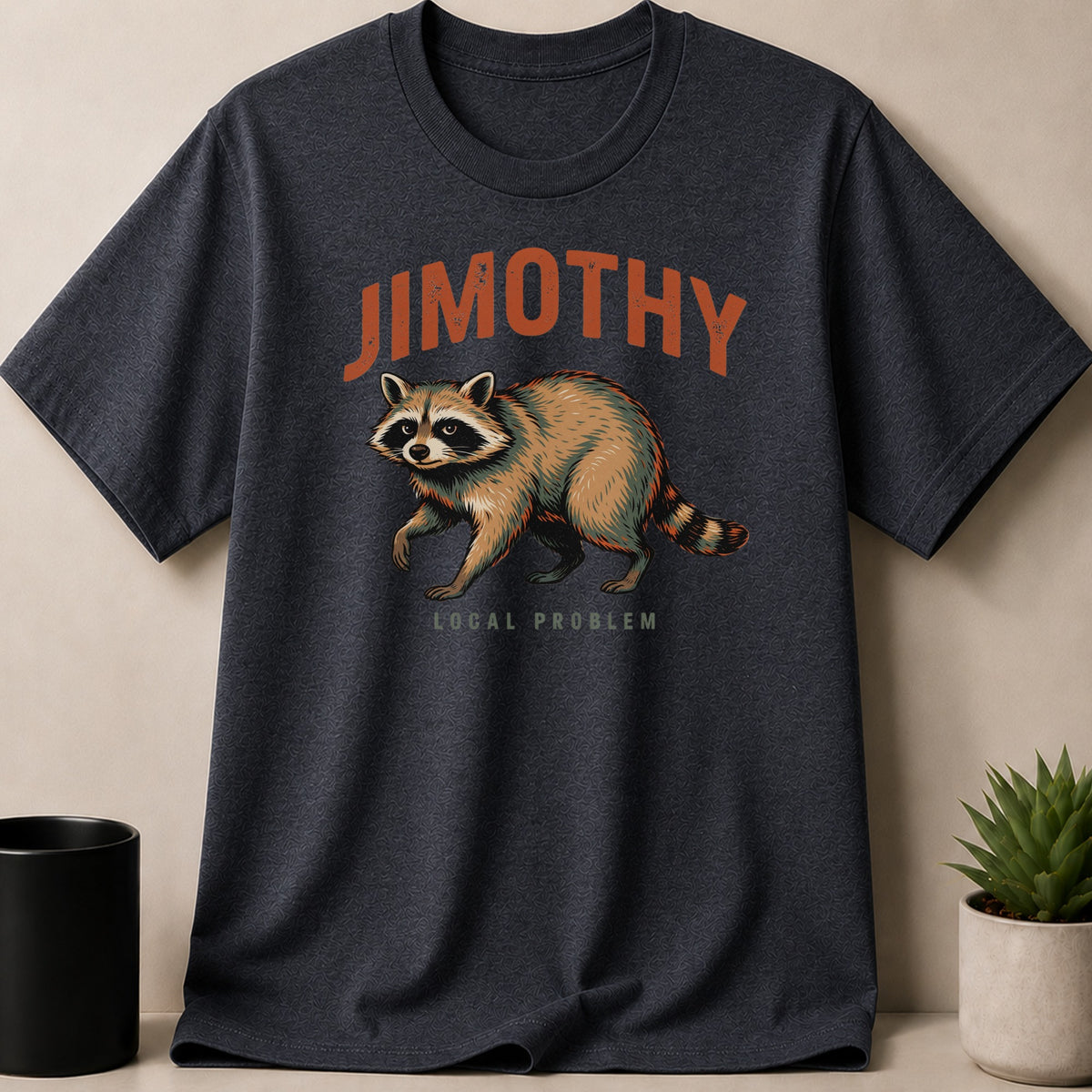 Dark grey t-shirt with raccoon graphic and text "JIMOTHY LOCAL PROBLEM".